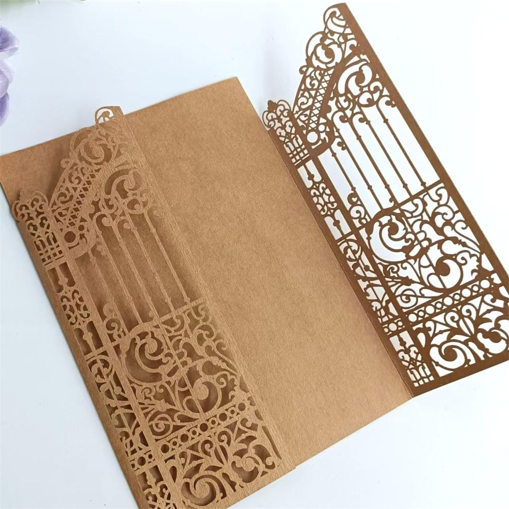 MillaSaw Craft Paper Fence Laser Cut Invitation Card For Wedding Birthday Anniversary 25pcs (4.9"x7.1", brown)