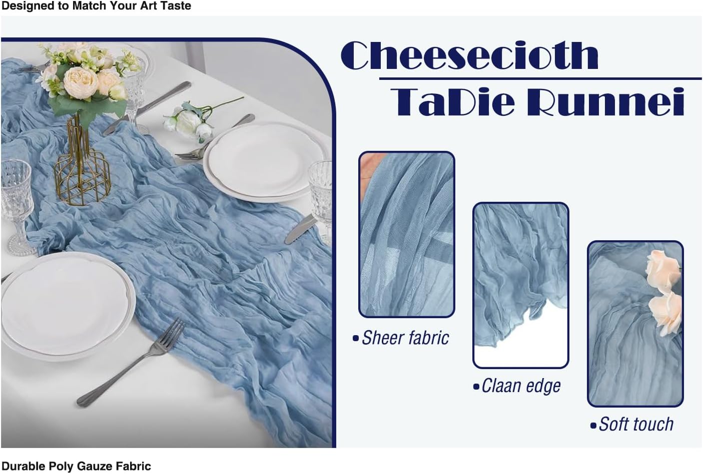 20 Pack Dusty Blue Cheesecloth Table Runner 17x108 Inch Boho Wrinkled Sheer Gauze Cheese Cloth Table Runner Bulk Romantic Decor for Wedding, Bridal Shower, Birthday Party