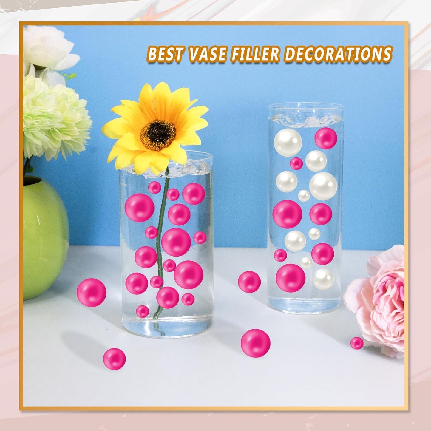 300Pcs Vase Filler Rosepink No Hole Faux Pearl Beads for Vase Filling Decorations, Candle Centerpieces, Wedding Centerpieces, Home Party Decor (8/14/20mm)