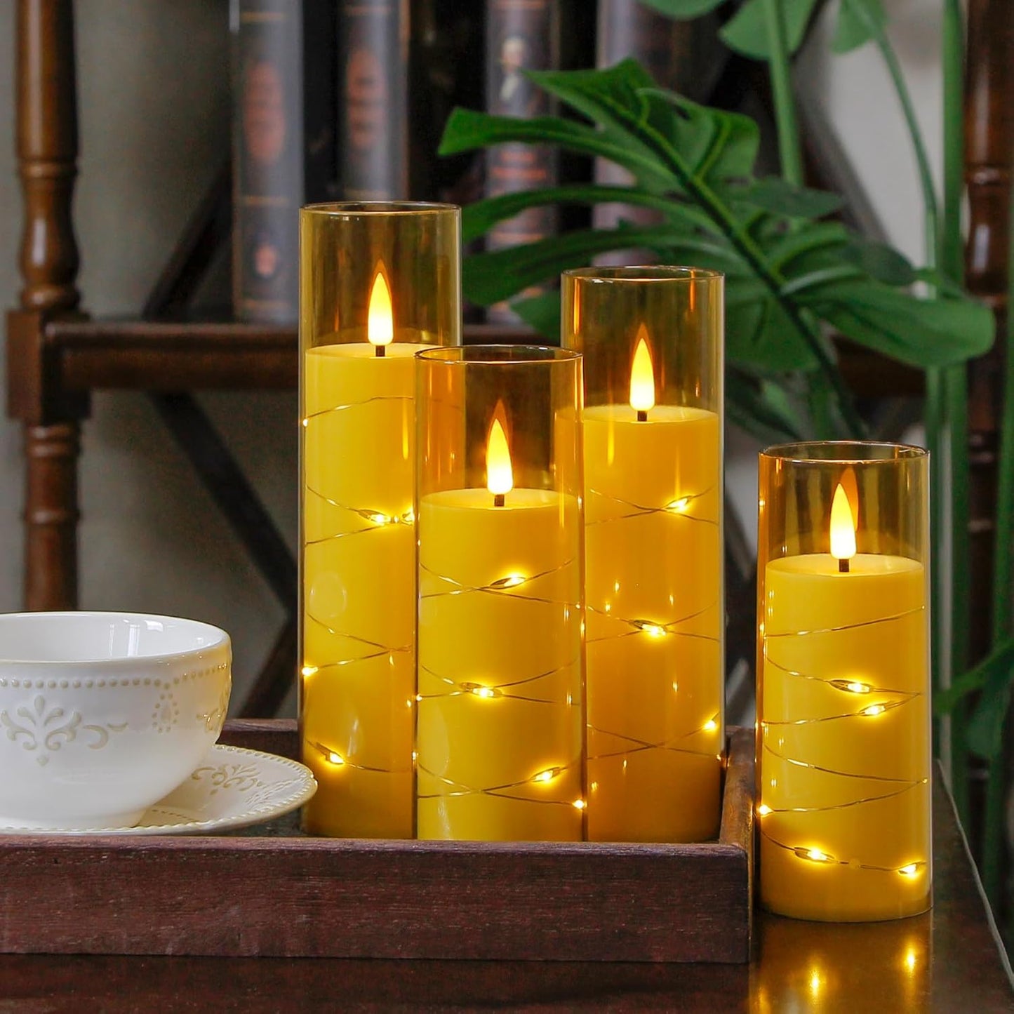 Gold Flameless Candles with Remote and String Light, 2.2"x 5",5",6",7",7",8" LED Battery Operated Plastic Flickering Timer Pillar Candles(Pack of 6,Turn On/Off String Light Mode)