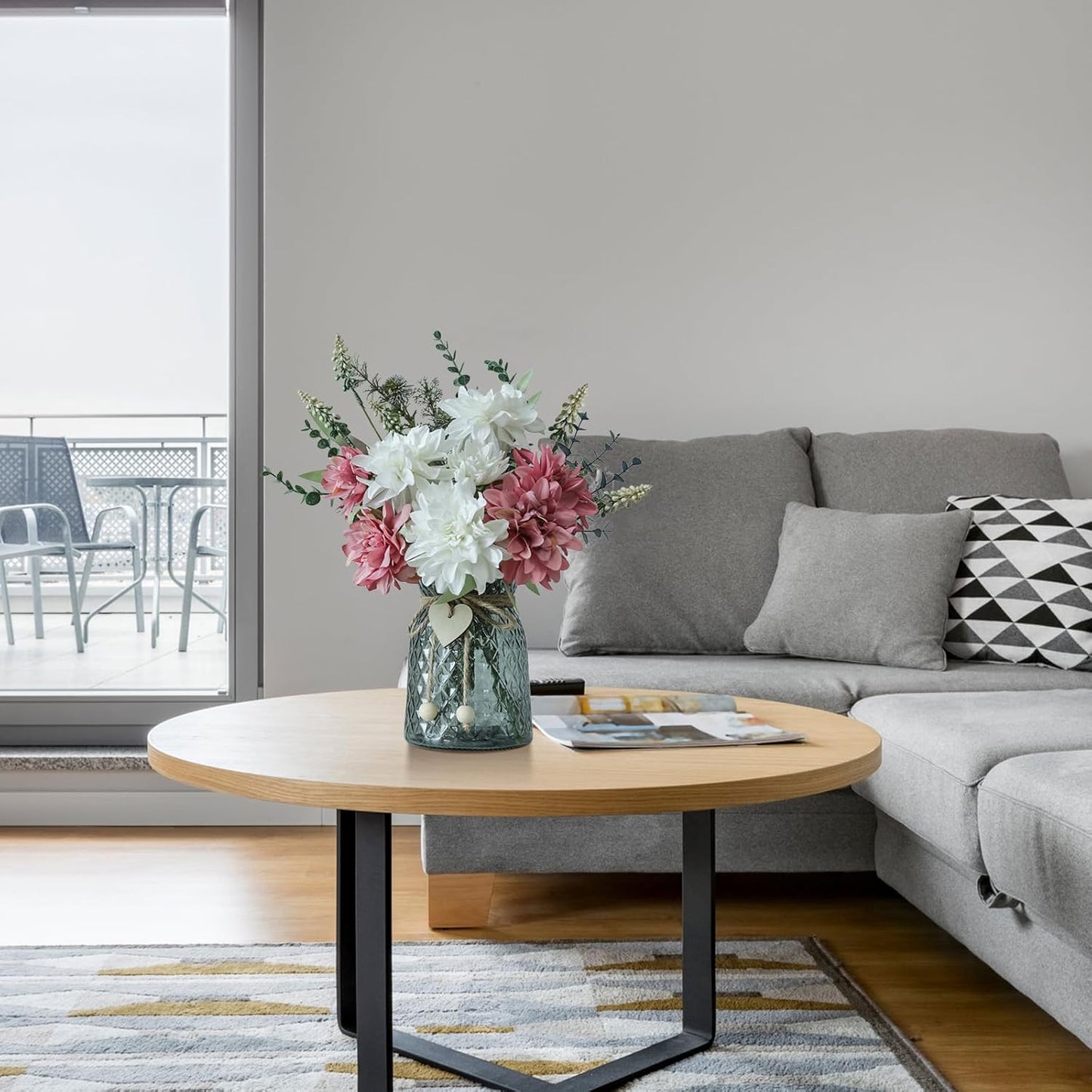 Fake Flowers in Vase,8 Dahlias,Silk Artificial Flowers in Vase,Faux Flowers in Vase with a Flower Arrangement Holder,Centerpiece Table Decorations