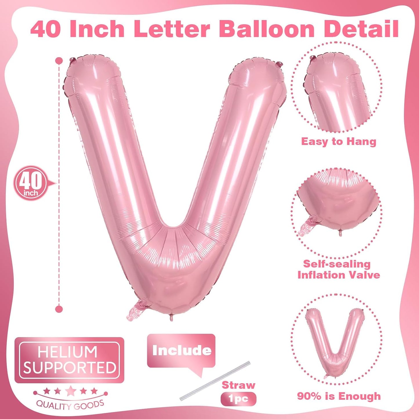 40 Inch Pastel Pink Letter Balloon, Giant Custom Alphabet V Foil Balloon Baby Pink, Mylar Self Inflating Balloon Pearl Pink Letter V, Letter V Balloons for Women Girls Birthday Party Decorations