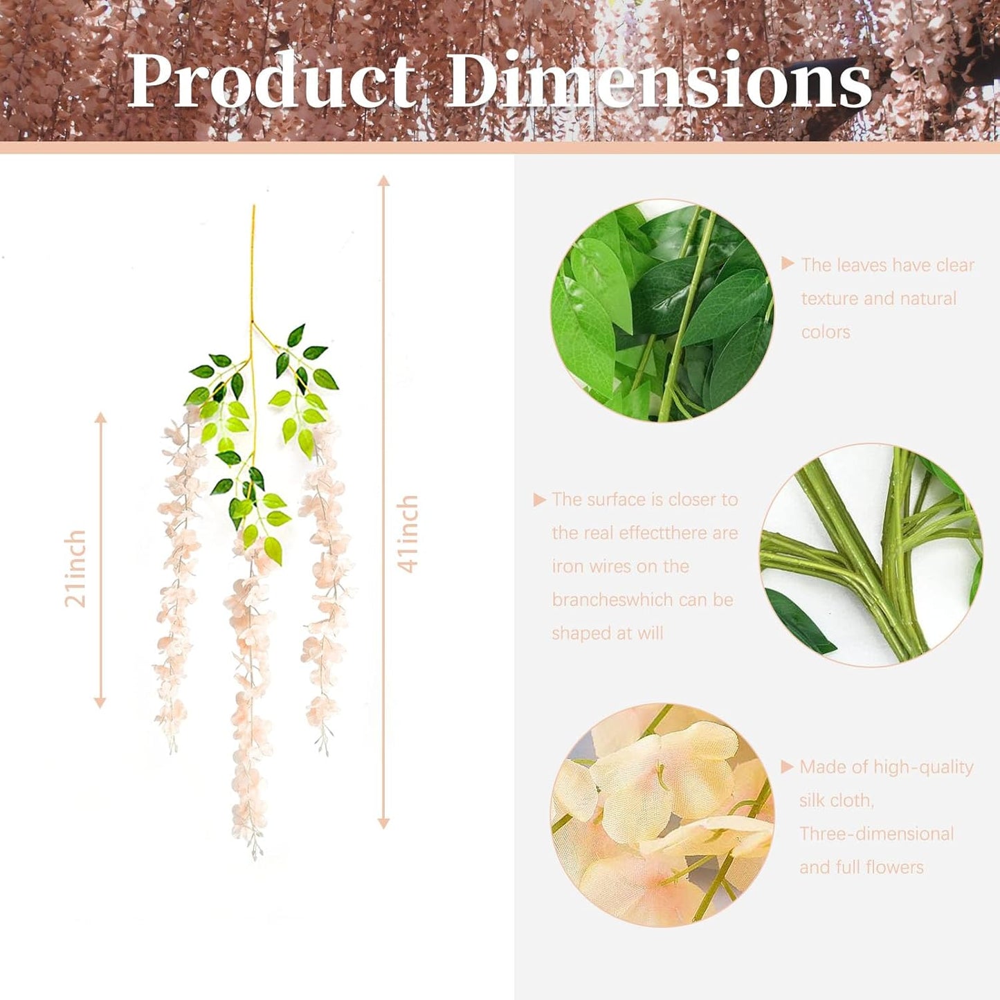 24 Pack Champagne Pink Wisteria Hanging Flowers, 3.44 Ft Fake Hanging Flowers, Artificial Wisteria Garland Vines for Wedding Room Backdrop Outdoor Patio Garden Decoration