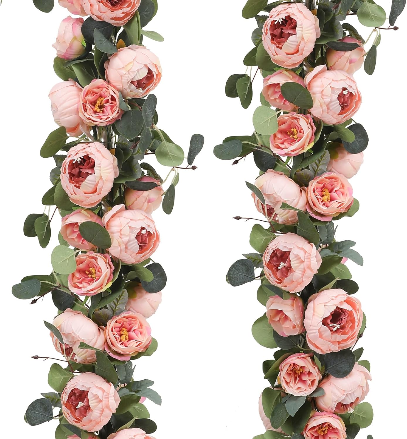 Floweroyal 2 Pack Artificial Flower Garlands 11.2FT Eucalyptus Garlands with Flowers 8 Head Peony Flower Vine Faux Floral Garland for Wedding Arch Table Wall Backdrop Wreath Decoration. (Vintage Pink)