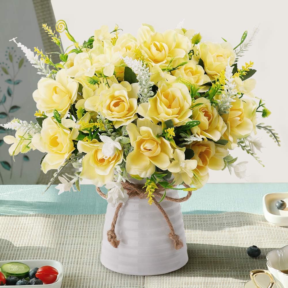 LESING Artificial Flowers with Vase for Table Centerpieces,Fake Silk Gardenia Flower in Vase Decoration for Home Office Party (Champagne)