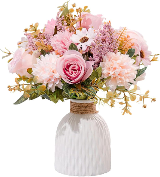 Epicpetal Fake Flowers in Vase, Artificial Pink Flowers in Vase for Decoration Faux Flowers Fake Floral for Home Decor Indoor Dining Table Centerpiece (Pink)