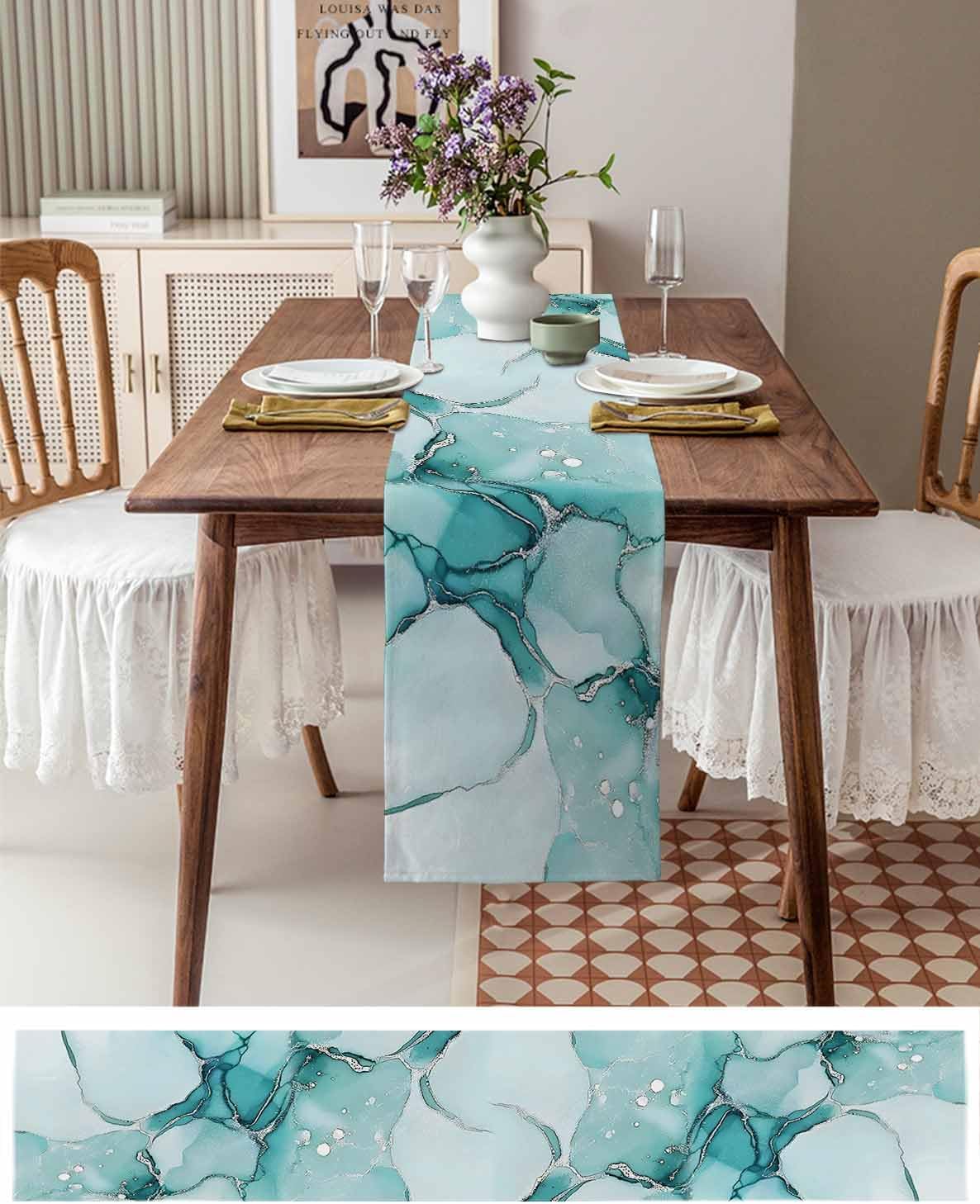 Turquoise Marble Cotton Linen Table Runner for Dining Kitchen, Wedding Outdoor Party Tablerunners Decoration, Nature Marble Crack Country Retro Dresser Scarf Coffee Tablecloth Runners 13x72 Inches