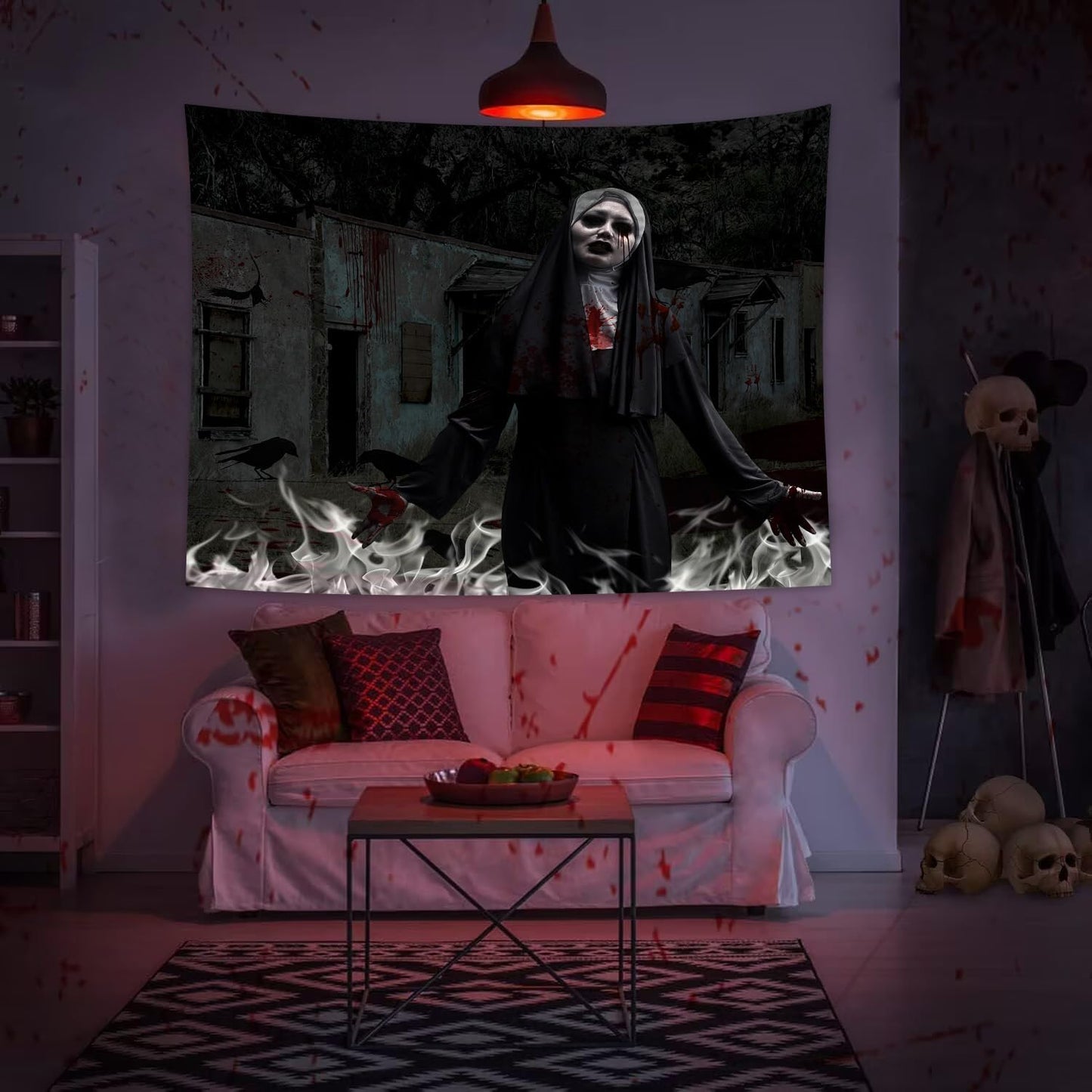 QGHOT Halloween Tapestry, Gothic Horror Movie Tapestry Wall Hanging Spooky Halloween Backdrop Creepy Scary Nun Haunted House Wall Decor for Bloody Party Decorations (59.1"x51.2")