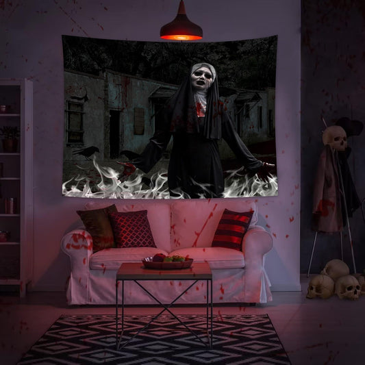 QGHOT Halloween Tapestry, Gothic Horror Movie Tapestry Wall Hanging Spooky Halloween Backdrop Creepy Scary Nun Haunted House Wall Decor for Bloody Party Decorations (59.1"x51.2")