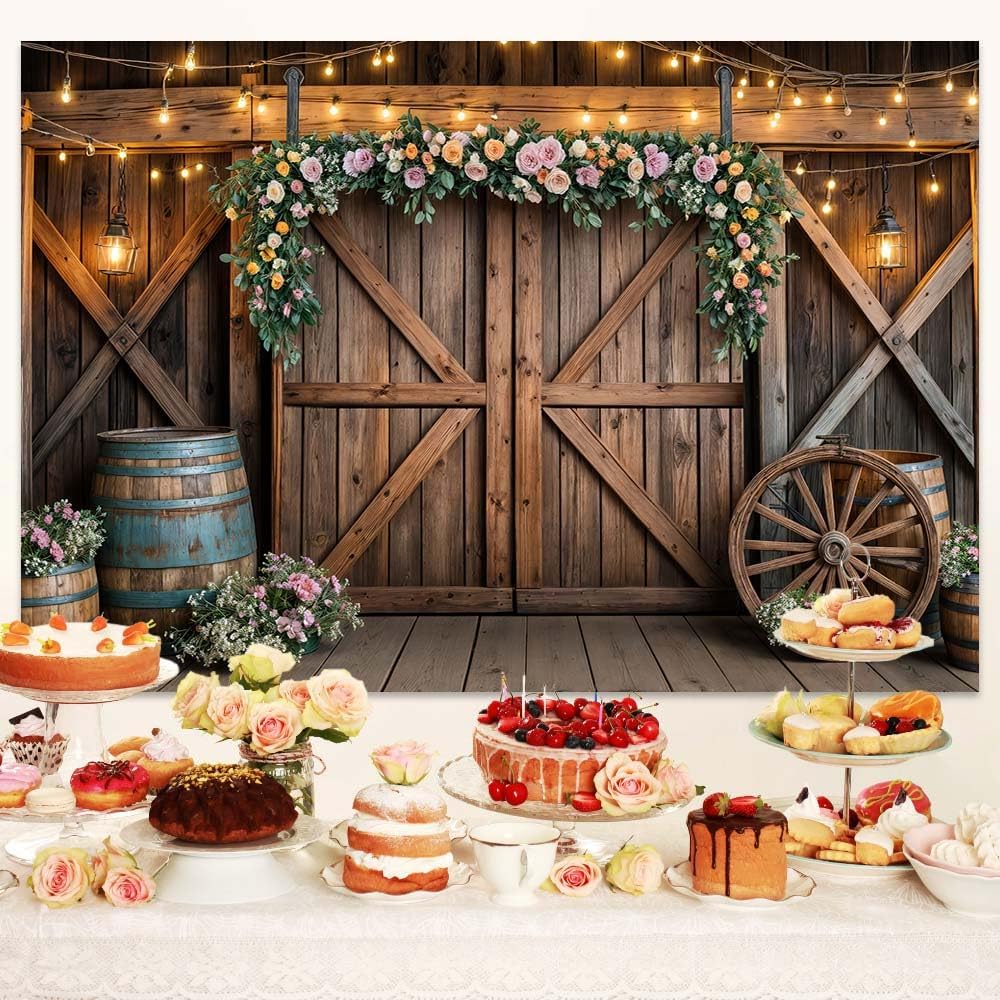 12x10ft Country Wedding Photography Backdrop Rustic Barn Door Photography Backdrop Farmhouse Pink Flower Cabin Wooden Birthday Baby Shower Wedding Bridal Party Banner Photo Booth Props Background
