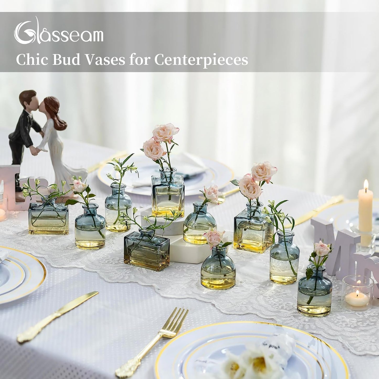 Glasseam Mini Bud Vases for Centerpieces: Clear Small Flower Vase Set of 20 Cute Tiny Glass Table Centerpieces Modern Wedding Birthday Party Baby Shower Dining Room Decoration Yellow Blue