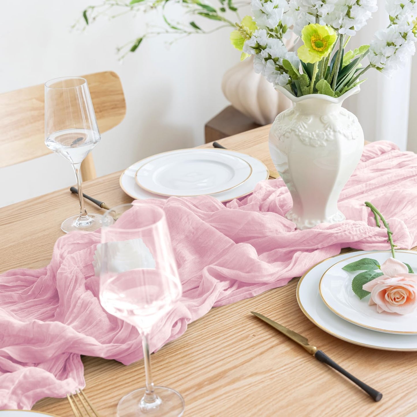 Asee'm 3pcs Cheesecloth Table Runner 120 Inches Blushing Pink Boho Gauze Cheese Cloth Runner 10FT Rustic Sheer Fall Table Runners for Thanksgiving Wedding Baby Shower Holiday Party Decoration