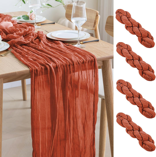 Asee'm 4pcs Cheesecloth Table Runner 120 Inches Long Terracotta Boho Gauze Cheese Cloth Runner 10FT Rustic Sheer Fall Table Runners for Thanksgiving Christmas Wedding Party Baby Shower Decoration