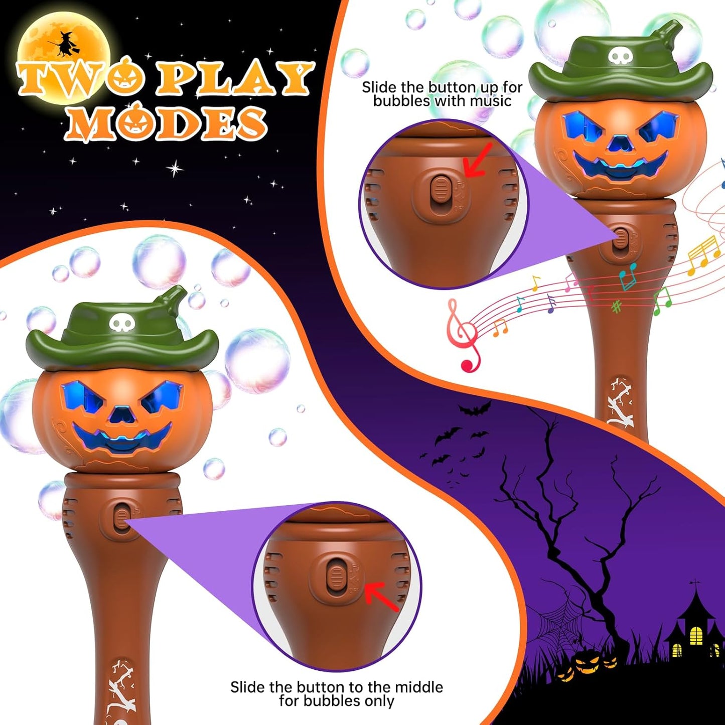 Halloween Bubble Machine Wand for Kids, Light up & Music Pumpkin Bubble Wand-1 Temporary Tattoos and 5 Bubble Solution, Halloween Boo Basket Stuffers for Toddlers Boys & Girls 3 4 5 6 7 8 + Years Old