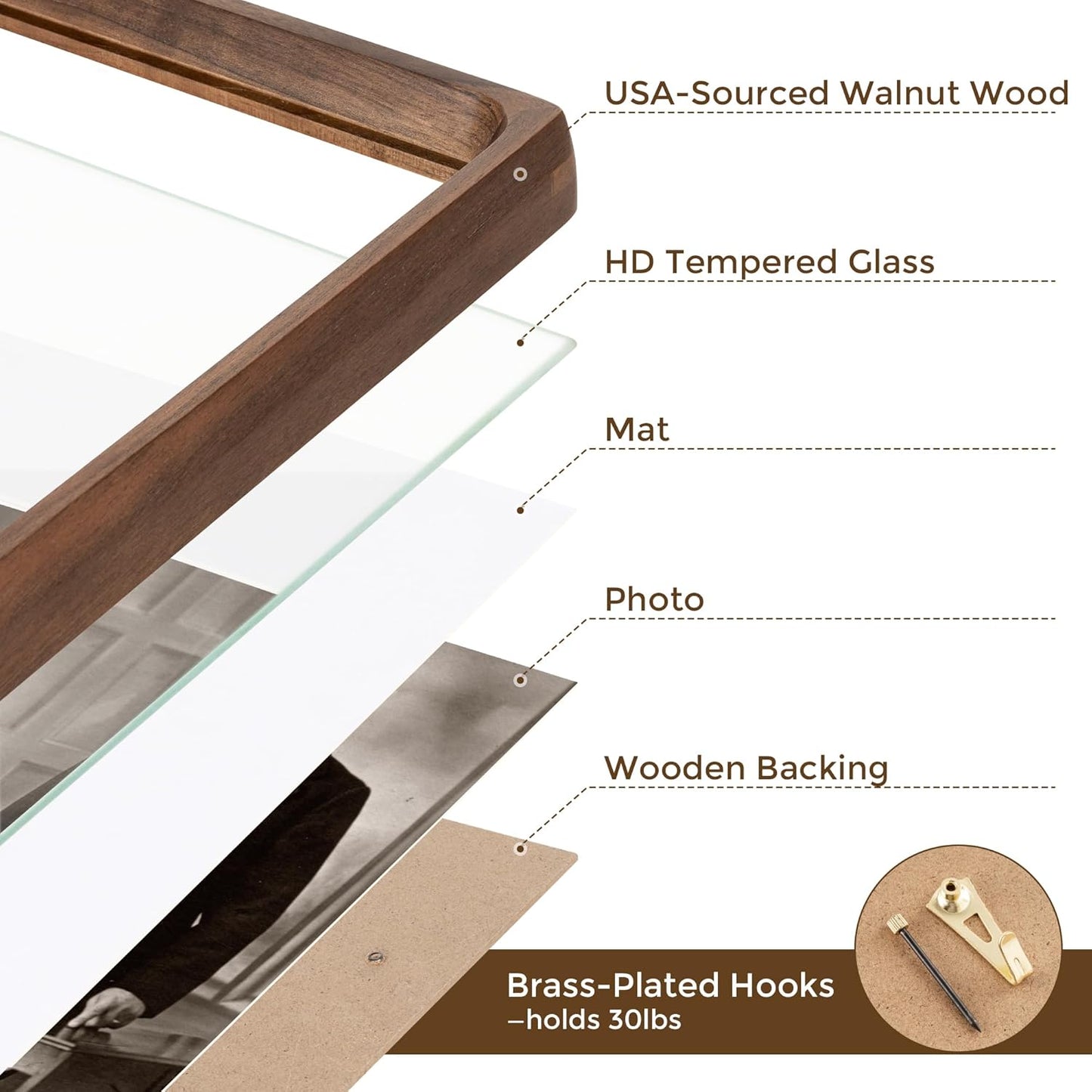 12x18 Frame USA-Sourced Natural Walnut Wood Solid Wood Photo Frame Handcrafted Rounded Corner with Mat to 8x12 Picture Display with Real Glass Family Picture, Wedding Photo, Certificate