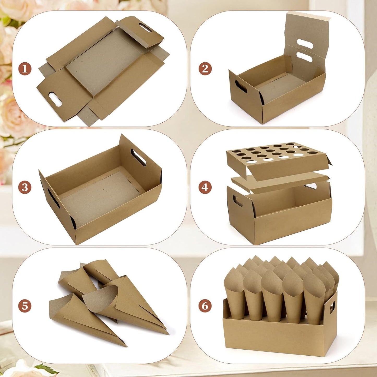 2 Set Wedding Confetti Cone Stand Box, 2 Party Cardboard Cone Holders Trays of 20 Holes Each with 40 Kraft Cone Paper for Wedding, Party, Celebration, Decoration