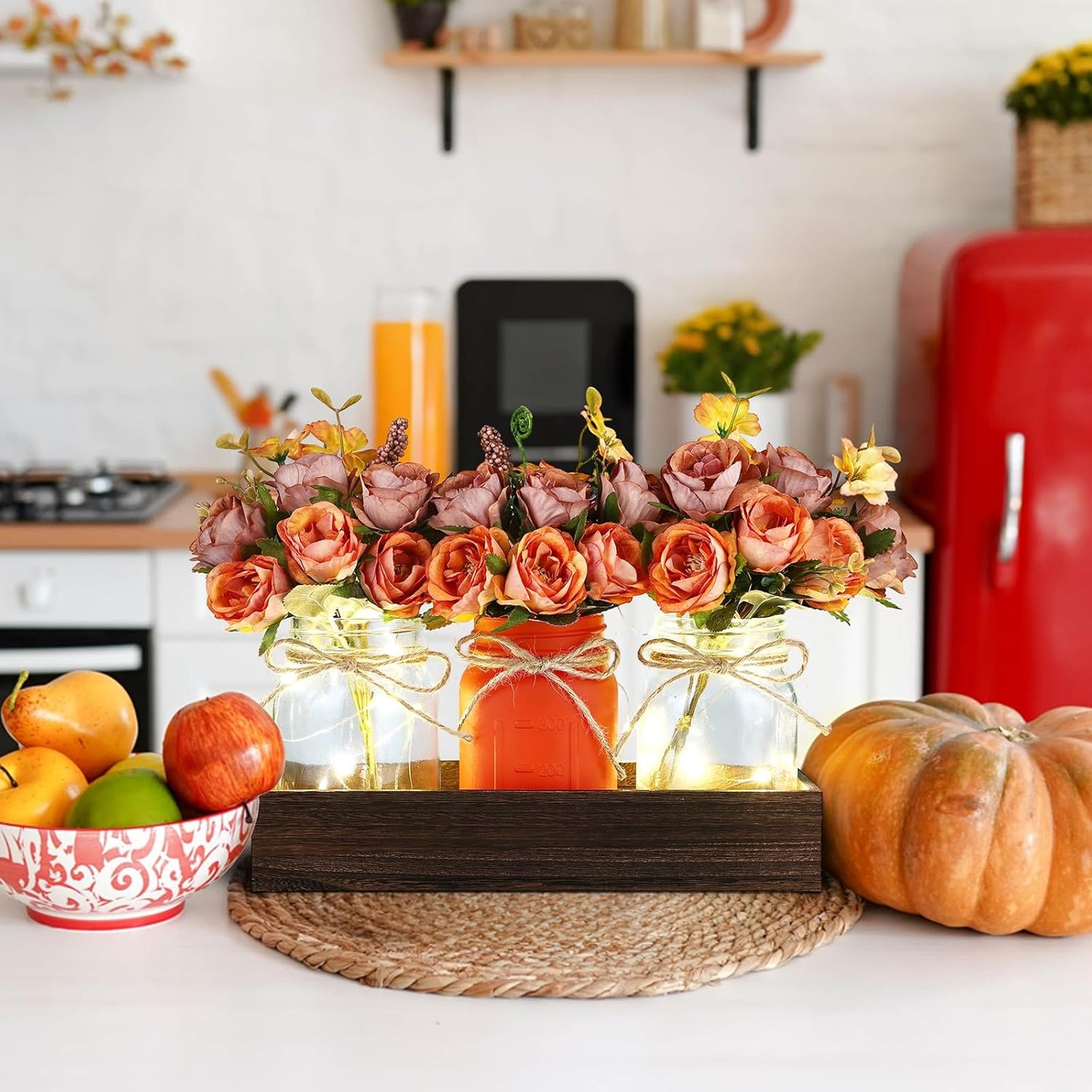 VAIPI Fall Decor Mason Jar Centerpiece Table Decorations with 3 Jar Flowers String Lights and Wooden Tray Fall Decorations for Home Dining Room Farmhouse Autumn Wedding Kitchen Living Room Bathroom