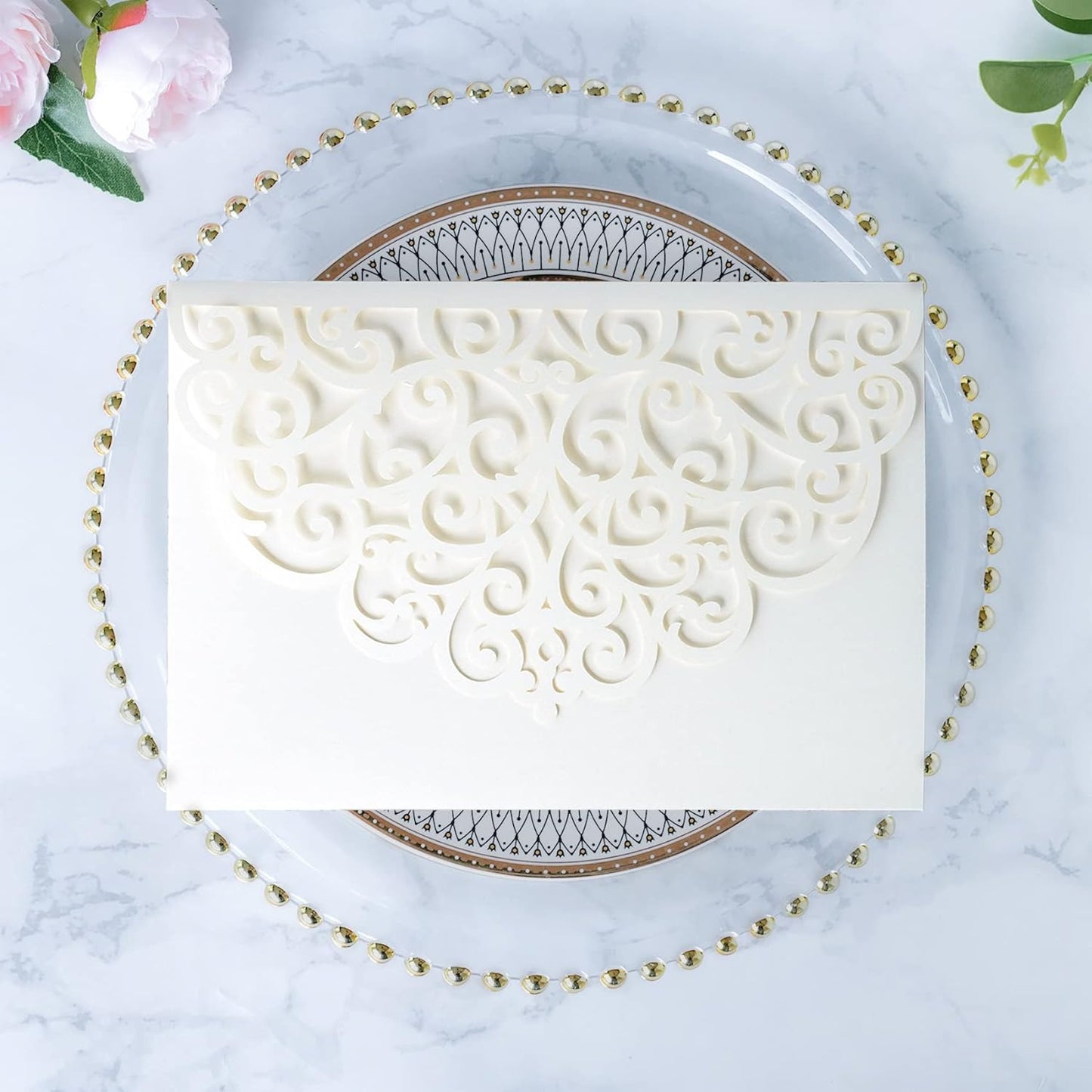 ponatia 5.12 x 7.2 Ivory Laser Cut Wedding Invitations, Trifold Laser Cut Invitation Pockets with Envelopes for Wedding Bridal Shower Engagement Quinceanera Invitations (20PCS No Inner Sheet)