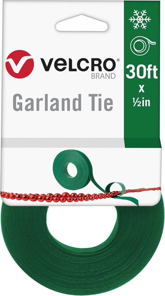 VELCRO Brand Holiday Garland Ties or Cable Straps | Hang Garlands, Lights or Wreath | for Banister, Railings, Stairs or Lamp Posts | 30ft Roll Cut to Custom Length | Green