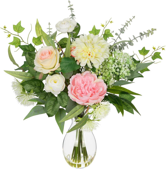 Briful Artificial Floral Arrangement with Faux Water – 19.7” Tall Mixed Peony, Rose, Dahlia & Eucalyptus Fake Flowers in Vase – Faux Flower in Glass Vase for Home Table Centerpiece Decoration