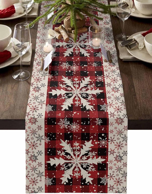 Buffalo Plaid Christmas Cotton Linen Table Runner for Dining Kitchen, Snowflake Red Black Check Wedding Outdoor Party Tablerunner Decoration, Retro Dresser Scarf Coffee Tablecloth Runners 13x70 Inches