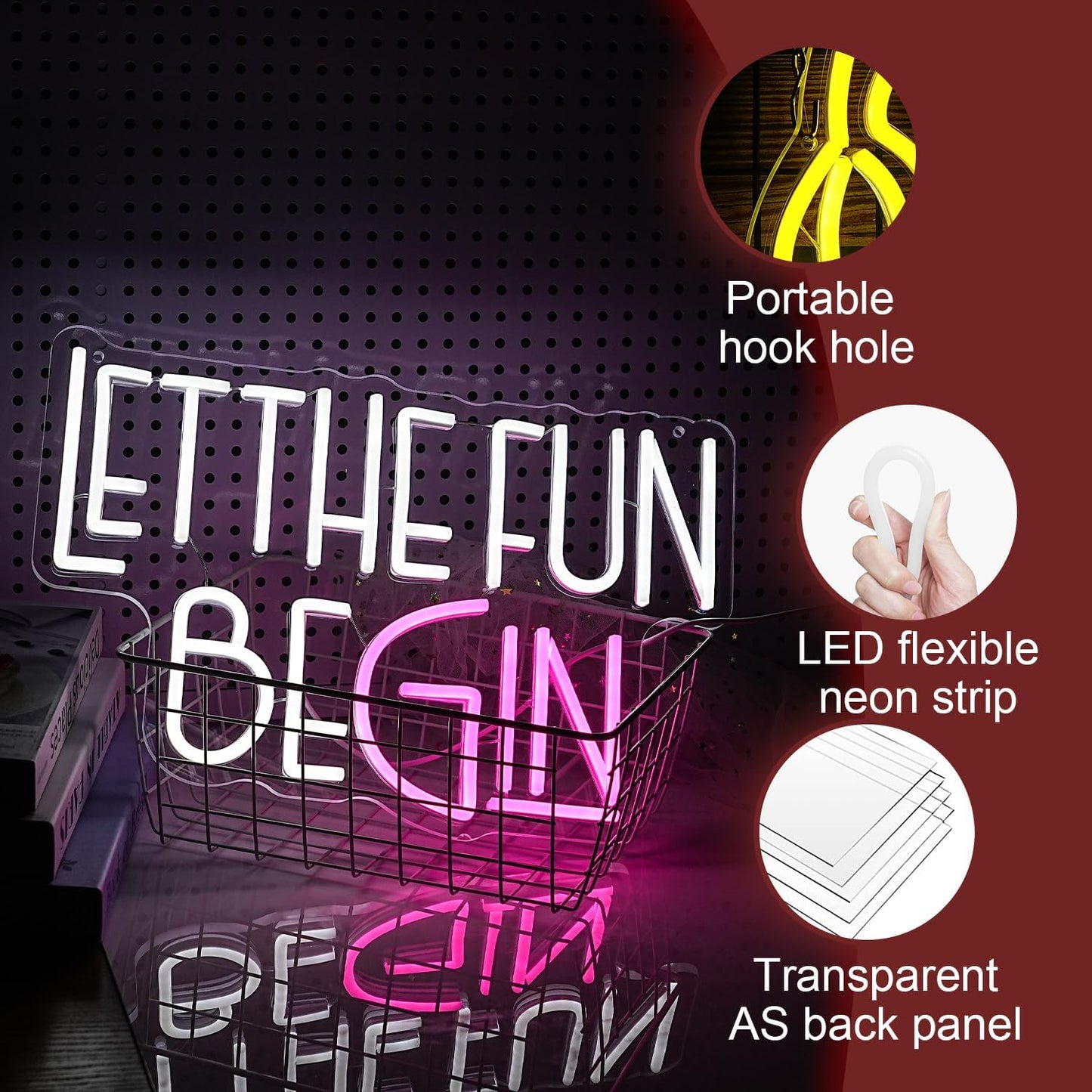 Let The Fun Begin Neon Sign USB Powered White Pink Fun Light Up Sign for Wall Decor Dimmable Led Letters Neon Light for Birthday Wedding Halloween Christmas Party Home Decor (15.8 * 11.8In)