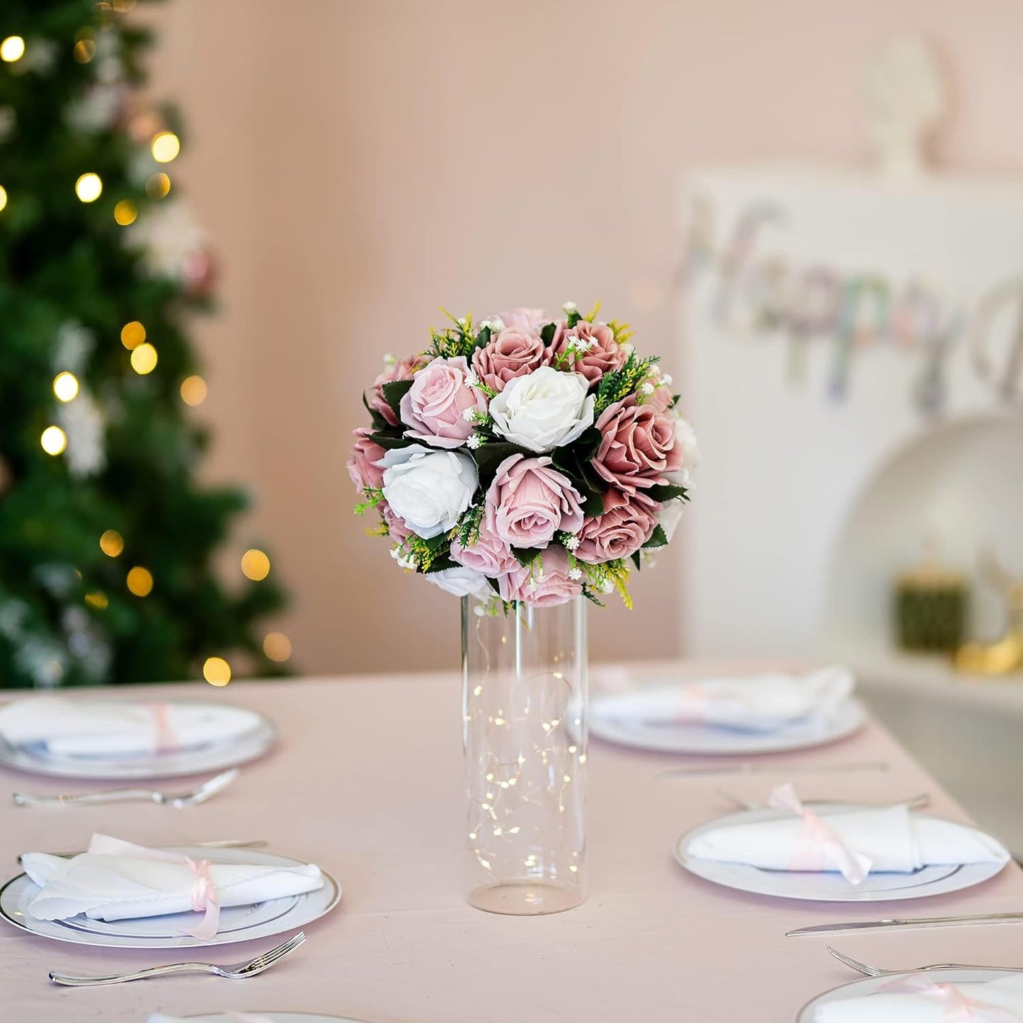 BLOSMON Dusty Rose Flowers Centerpieces: 10 Pieces Pink Roses Artificial Flower Balls for Wedding Dinning Table - Fake Silk Kissing Floral Arrangements for Home Party Event Decor