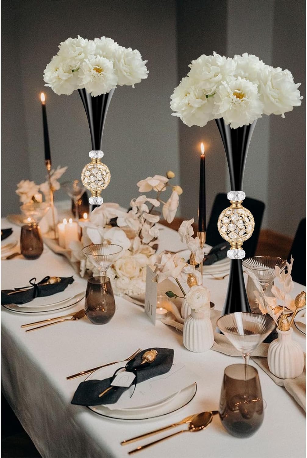 VIJIV Gold Crystal Flower Vases for Centerpieces Tables - Tall Trumpet Vase for Bouquet Decorative, Dining Table Décor Flower Stand with Ribbed Texture for Events, Bridal Showers & Boho Weddings