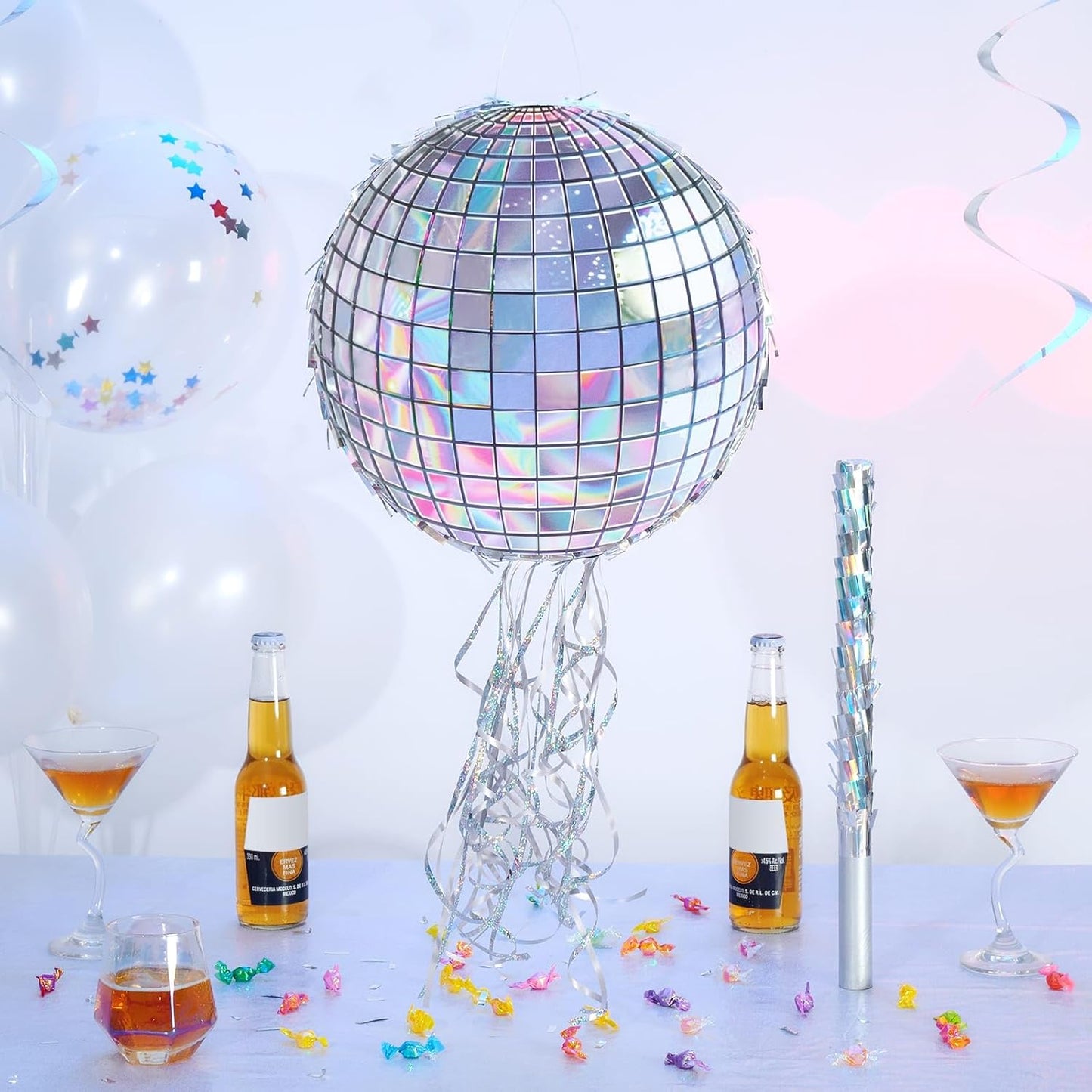 WERNNSAI Disco Ball Piñata - Disco Party Decoration for Adult Birthday Party Supplies Hanging Disco Piñata with Bat Blindfold Mirror Roller Skating Pull String, 12.2” x 12.2”