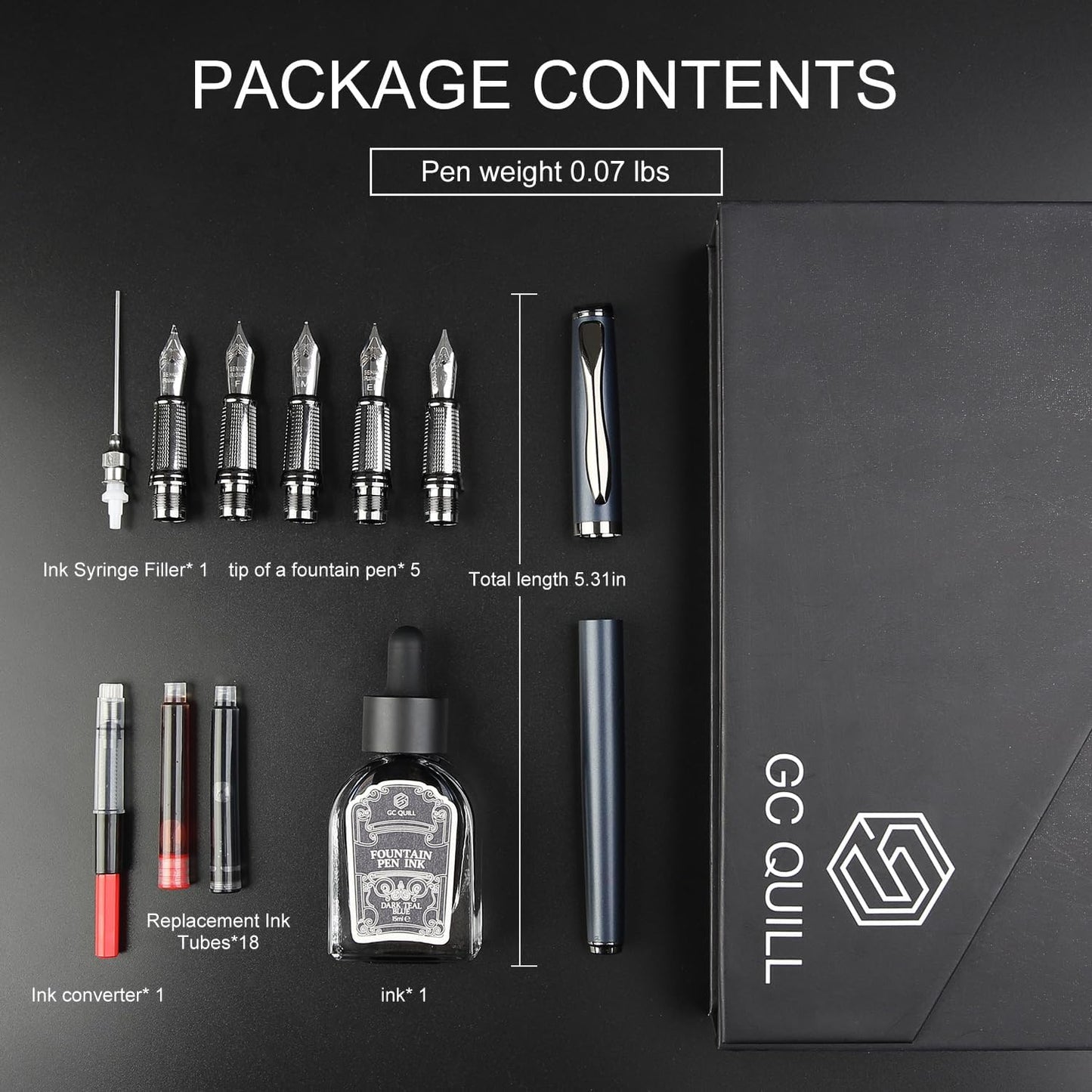 GC QUILL Calligraphy Fountain Pen Set - Includes 5 Nibs, Ink Bottle, Ink Refill Converter and 18 Cartridges, Fancy Pen for Women Men Gift - MU-25