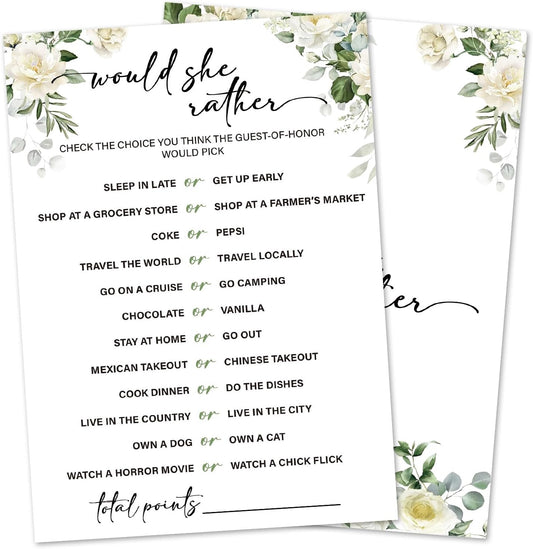Eucalyptus Bridal Shower Games 30 Guests, Would She Rould Bridal Games for Showers, White Rose Wedding Engagement Party Activity Party Supplies/Green-03