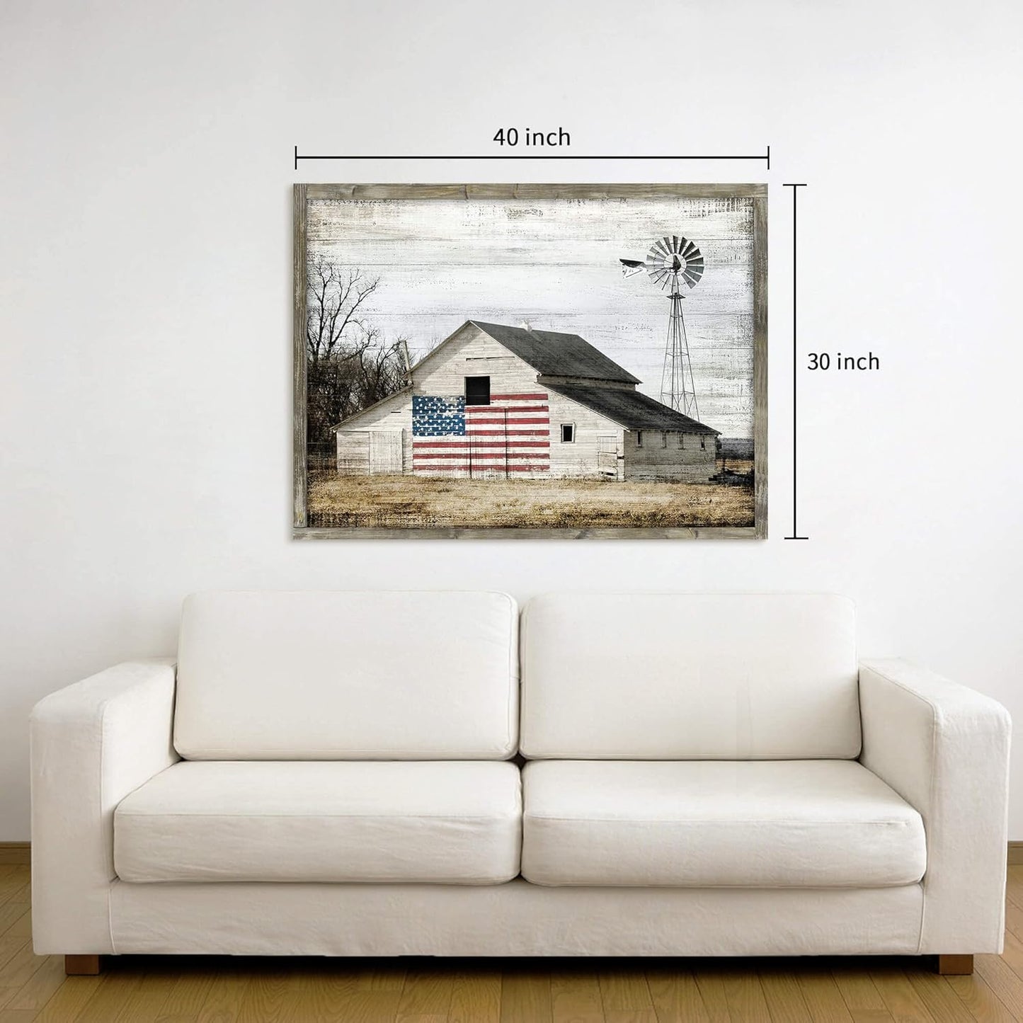 Rustic Landscape Wooden Picture Artwork - Neutral Color Barn with USA Flag Accent Windmill Painting Wall Art Framed