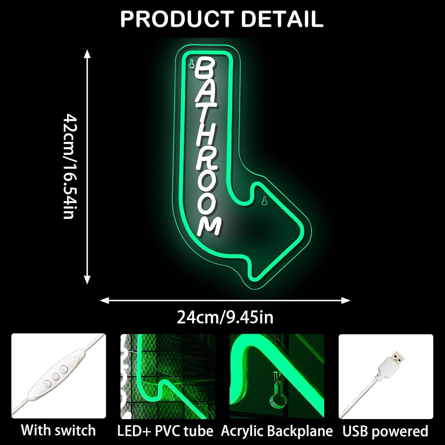 Looklight Bathroom Arrow Neon Signs for Wall Decor Green White LED Word Light Sign Right-Pointing Arrow Neon Light USB Light Up Letters Sign for Bathroom Bar Home Toilet Park Party Decor