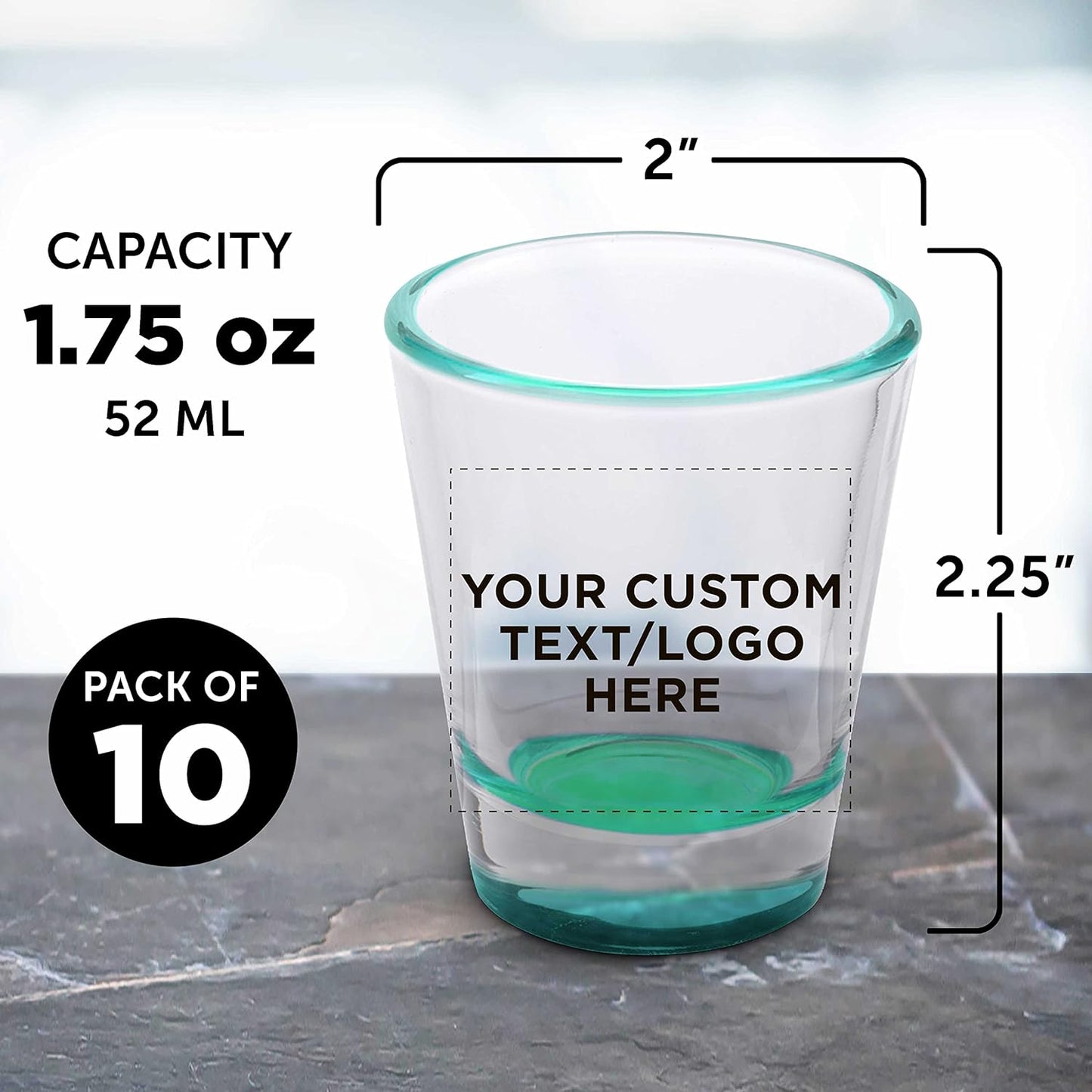 Custom Shot Glasses 1.75 oz. Set of 10, Personalized Bulk Pack - Great for Wedding Favors, Bachelorette Party Decorations, Party Fovors, Color Bottom - Green