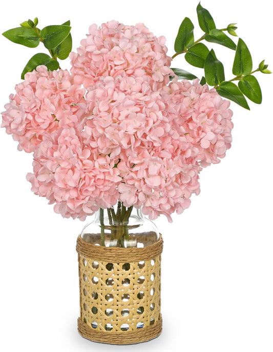 Hollyone Pink Hydrangea Artificial Flowers in Woven Glass Vase with Faux Water Silk Hydrangeas Fake Flowers Floral Arrangement for Home Indoor Bathroom Kitchen Office Table Centerpiece Shelf Decor