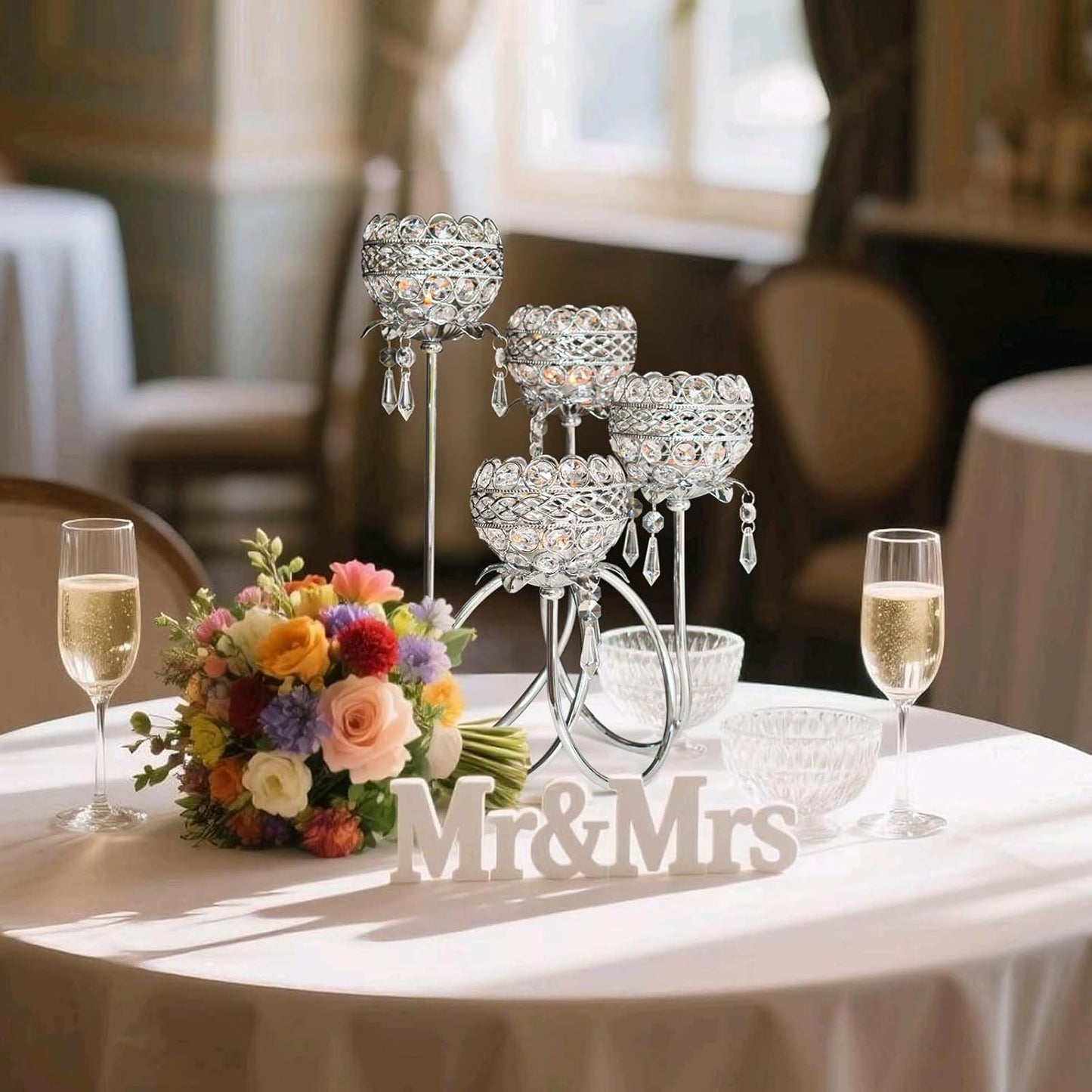 4 Arms Crystal Candelabra Tealight Holder - Tall 15.7 Inch Elegant Centerpiece with Crystal Pendant Bowls & Artistic Metal Stand for Wedding, Dining Table, Home Decor (1, Silver)