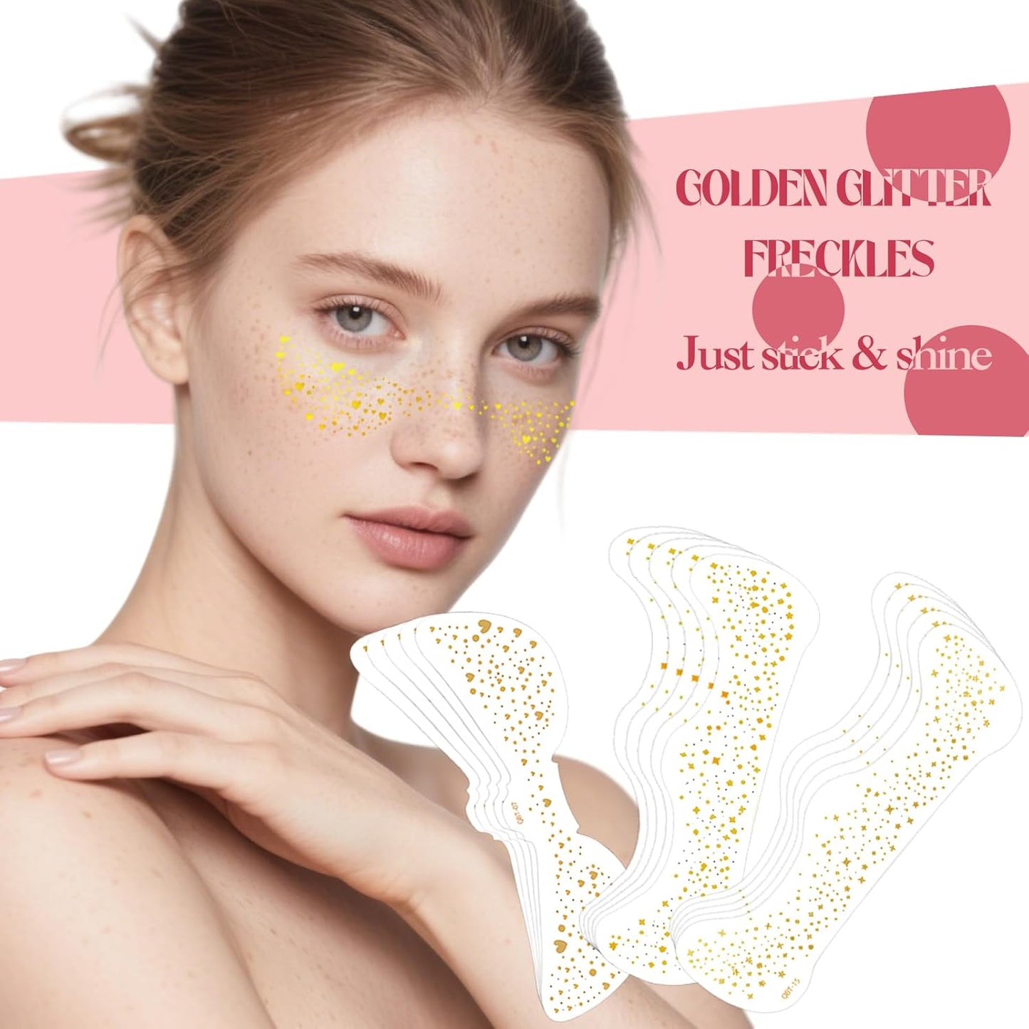 Gold Glitter Freckles Face Tattoo, 15 Pcs Waterproof Gold Sparkle Freckle Temporary Tattoo, Freckles Face Tattoo Long Lasting Festive Glitter, Face Glitter Self Adhesive for Women Girls