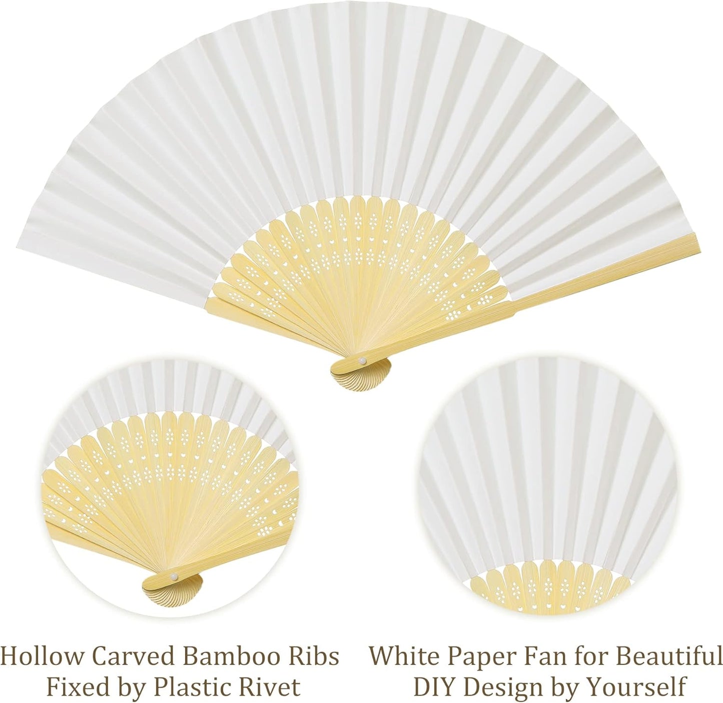 Coucoland 100 Pcs White Bamboo Folding Handheld Fan Hand fan for Wedding Home Decoration Party Favors Bridal Dancing Party