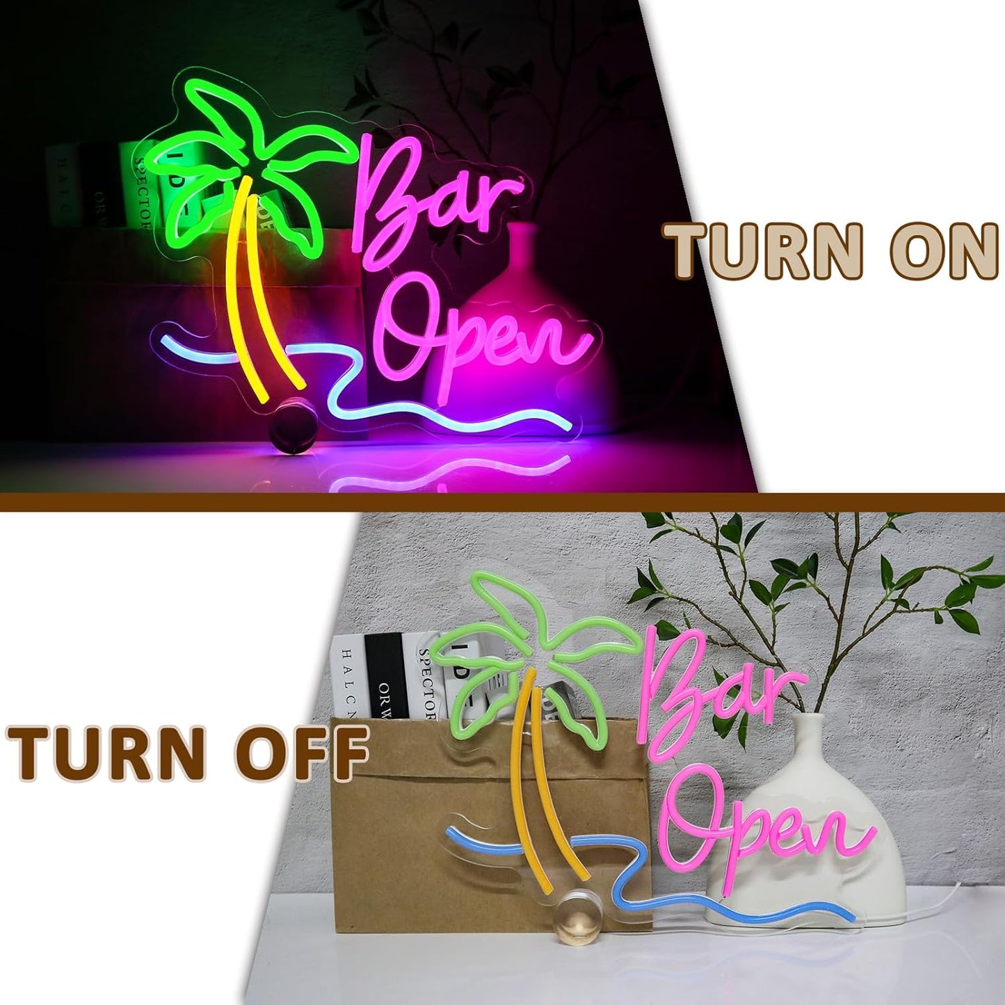 Bar Open Sign for Business, Neon Open Sign, USB Dimmable Palm Tree Neon Lights for Beer Bar Coffee Cafe Home Pub Man Cave Stores Hotel Party Window Wall Decor Restaurant