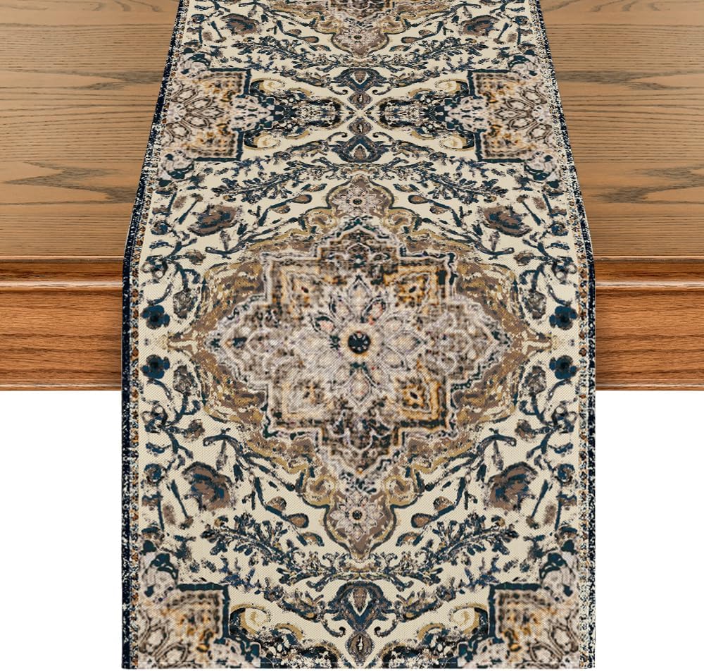 Artoid Mode Dark Blue Boho Bohemia Style Table Runner, Country Rustic Farmhouse Magical Halloween Kitchen Dining Table Decoration for Home Party Decor 13x72 Inch