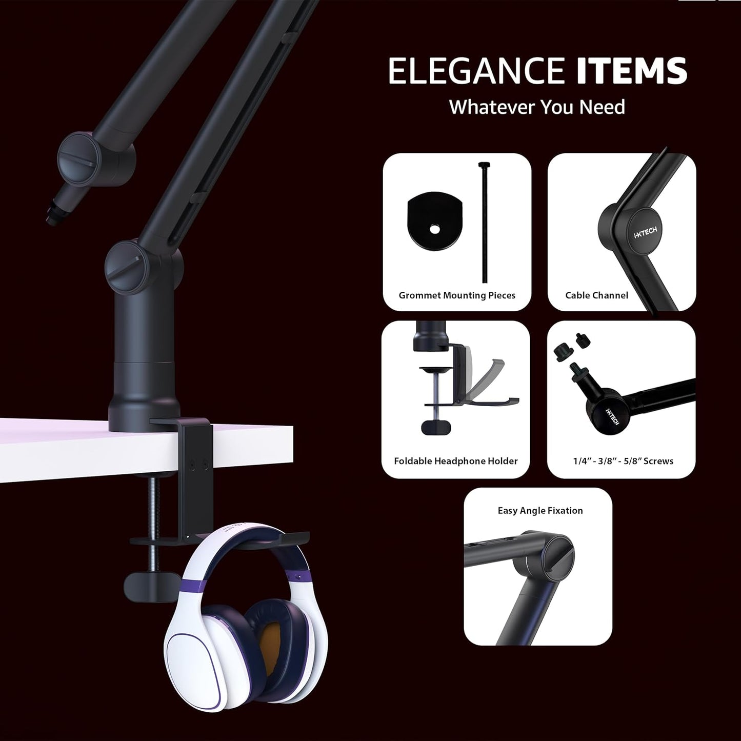 IXTECH Microphone Boom Arm with Desk Mount, 360° Rotatable, Adjustable and Foldable Scissor Mounting for Podcast, Video Gaming, Radio and Studio Audio, Sturdy and Universal - Elegance Model