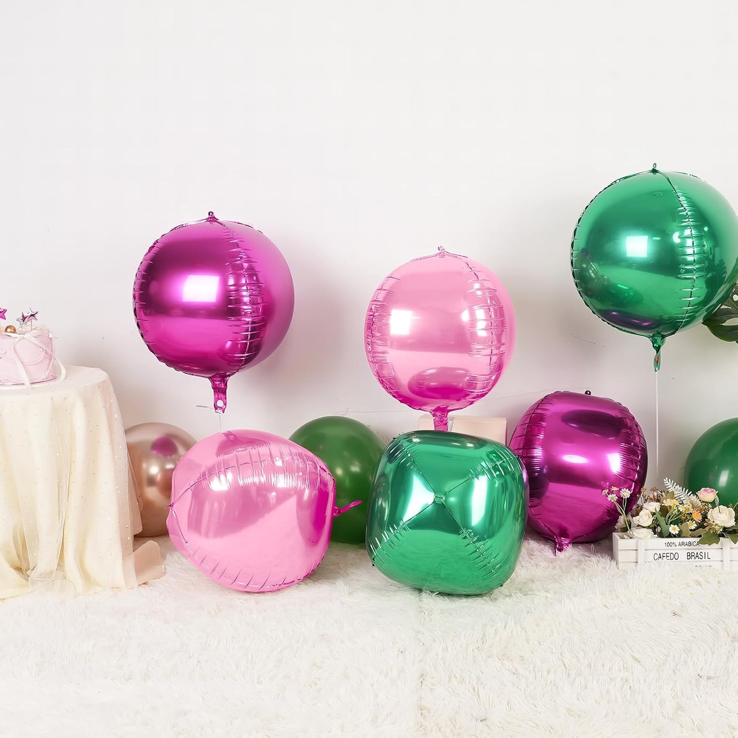 6Pcs Green Pink Round Foil Balloons,Giant 4D Round Ball Balloon,22 Inch Metallic Green Pink Balloons for Birthday Wedding Graduation Prom Party Decorations