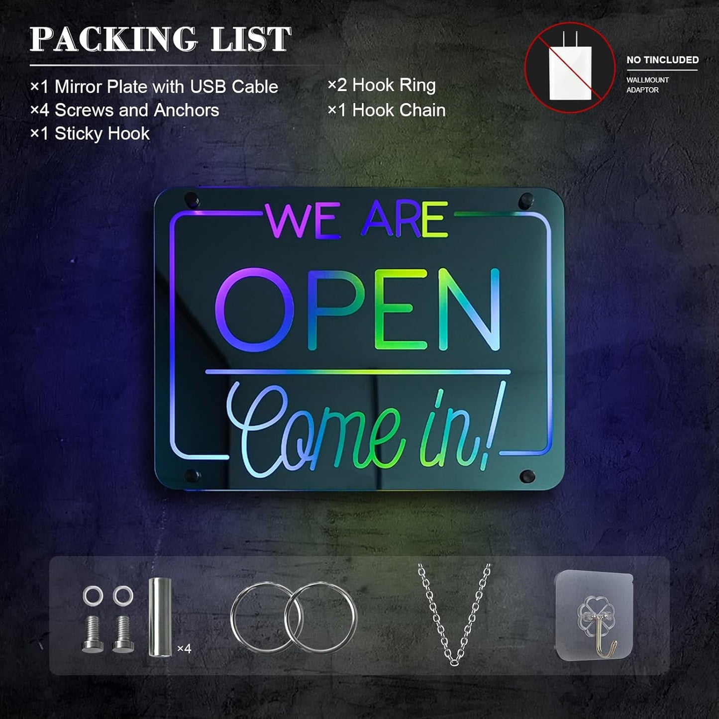 Ineonlife Open Neon Sign Come In We Are Open Mirrored Colorful LED lights for Business Decor Bright Led Light Signs Window Door Decoration Bar Shop Coffee Salon Store 14.57 x 11.02 inches USB Powerd