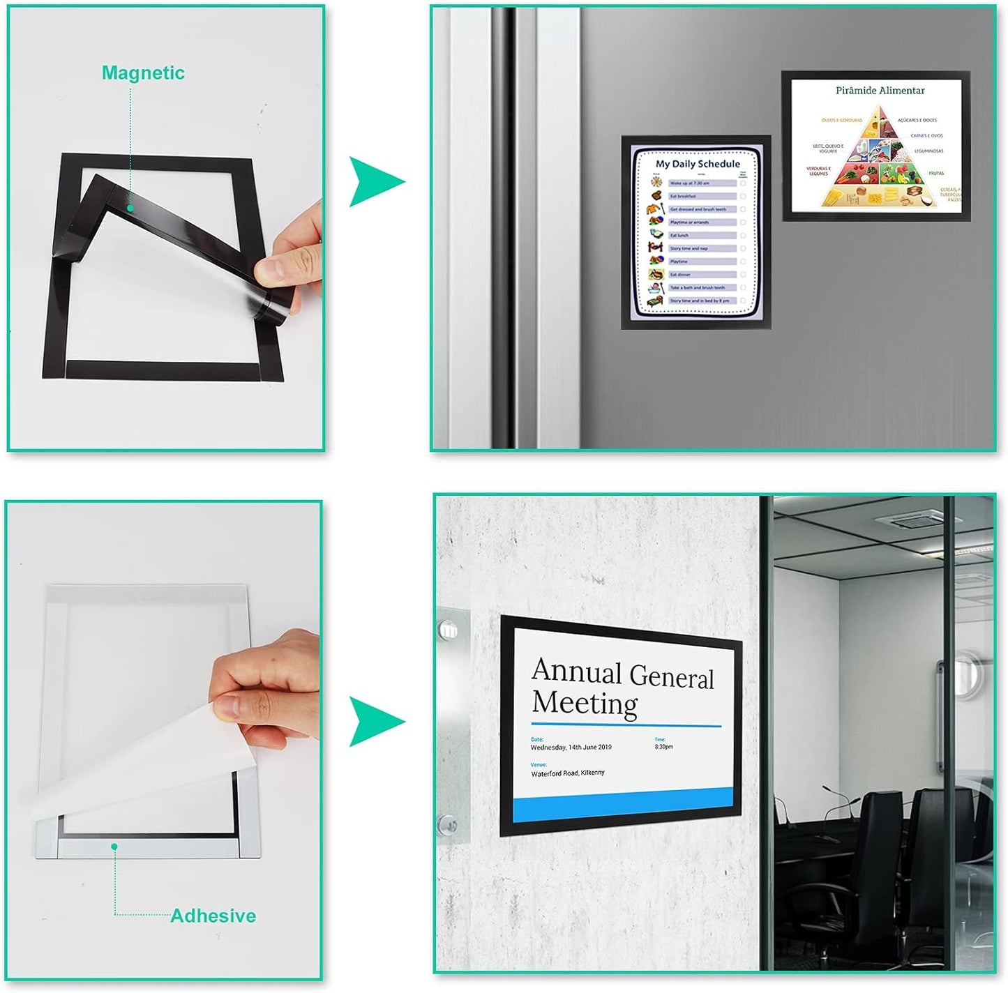 CRUGLA 8.5x11 Magnetic Frame Sheet with Self Adhesive Backing, Poster Certificate Carft Picture Photo Frame for Refrigerator Office Glass Window Door Cubicle Tile, 12 Pack