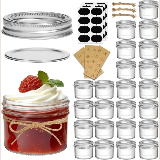 ComSaf Small Regular Mouth Mason Jars 4 oz, 24 Pcs Mini Mason Containers, Small Canning Jars, 4 oz Glass Jar with Lids for Mustards, Dipping Sauces, Jelly, DIY Candle Decor, Wedding Shower Favors