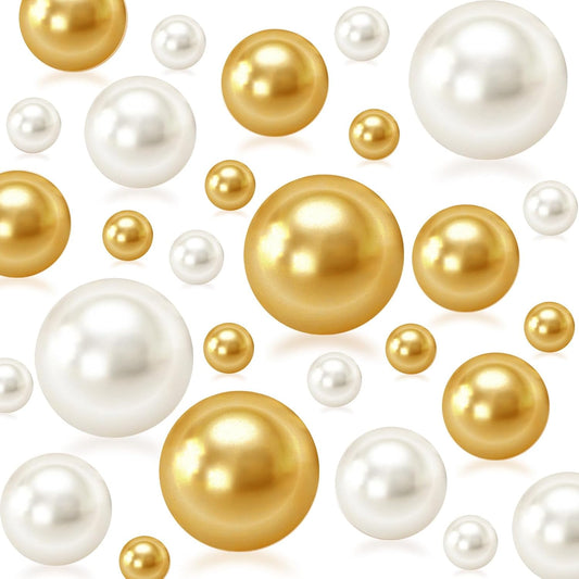 150Pcs Cream&Gold Polished No Hole Faux Pearl Beads for Vase Filling Decorations, Plastic Pearls Vase Fillers, Table Scatters, Wedding Centerpiece, Home Decor, 8/14/20 mm
