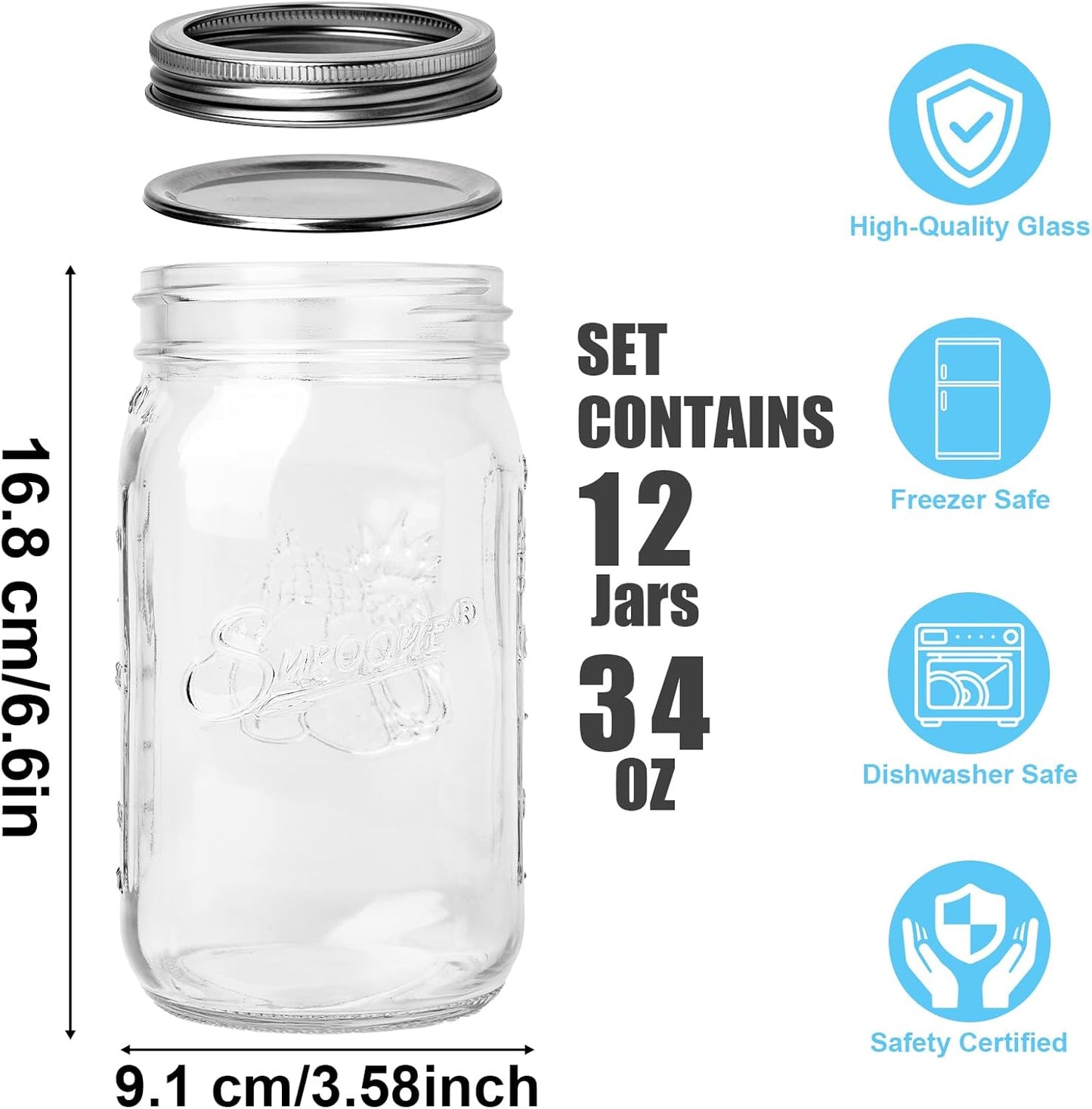 Mason Jars 32 oz Glass Canning Jars 12 Pack Wide Mouth Mason Jar With Airtight Lids
