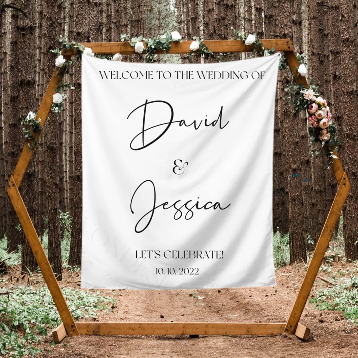 Welcome to Our Wedding Backdrop, Custom Tapestry with Names and Date, Rustic Sign, Personalized Calligraphy Banner for Ceremony, Arch, Reception Let's Celebrate Decor