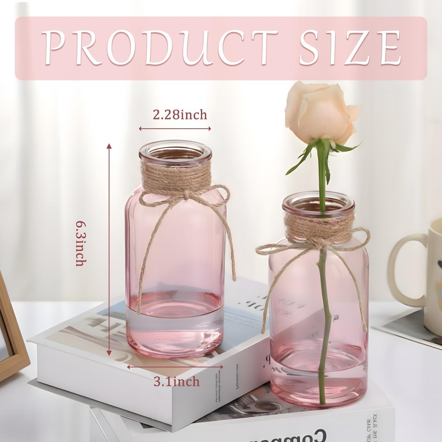 Pink Glass Flower Vases for Centerpieces Set of 12, Mason Jars Boho Cylinder Bud Vases in Bulk, for Weddings Parties Vintage Home Decor