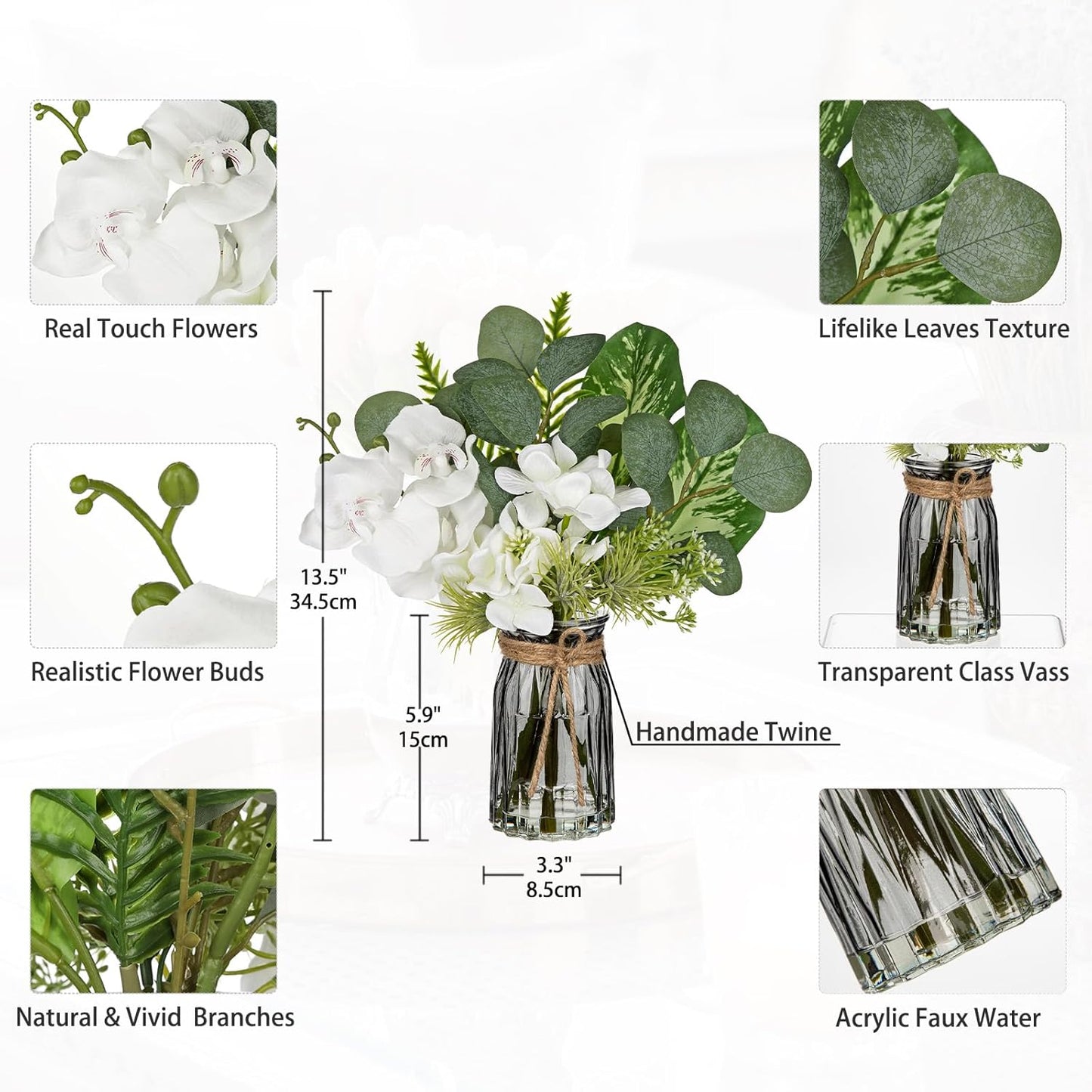 White Orchids Artificial Flowers with Vase Fake Flower in Vase Artificial Eucalyptus Stems in Glass Vases with Faux Water Faux Orchid with Evergreen Plant Arrangement for Dining Table Centerpiece